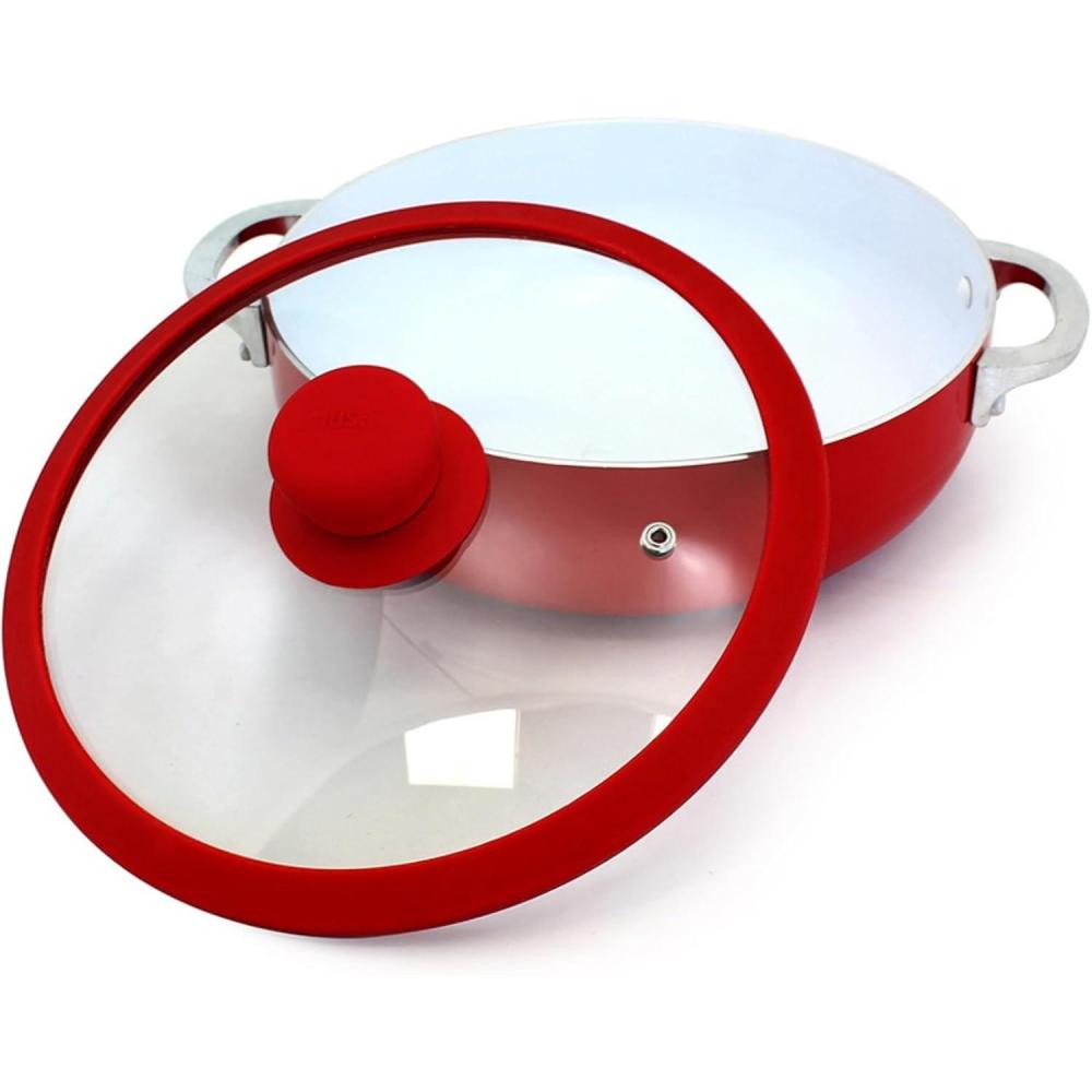 imageIMUSA 69qt Aluminum White Ceramic Caldero with Glass Lid ampamp Silicone Rim Red1 Piece