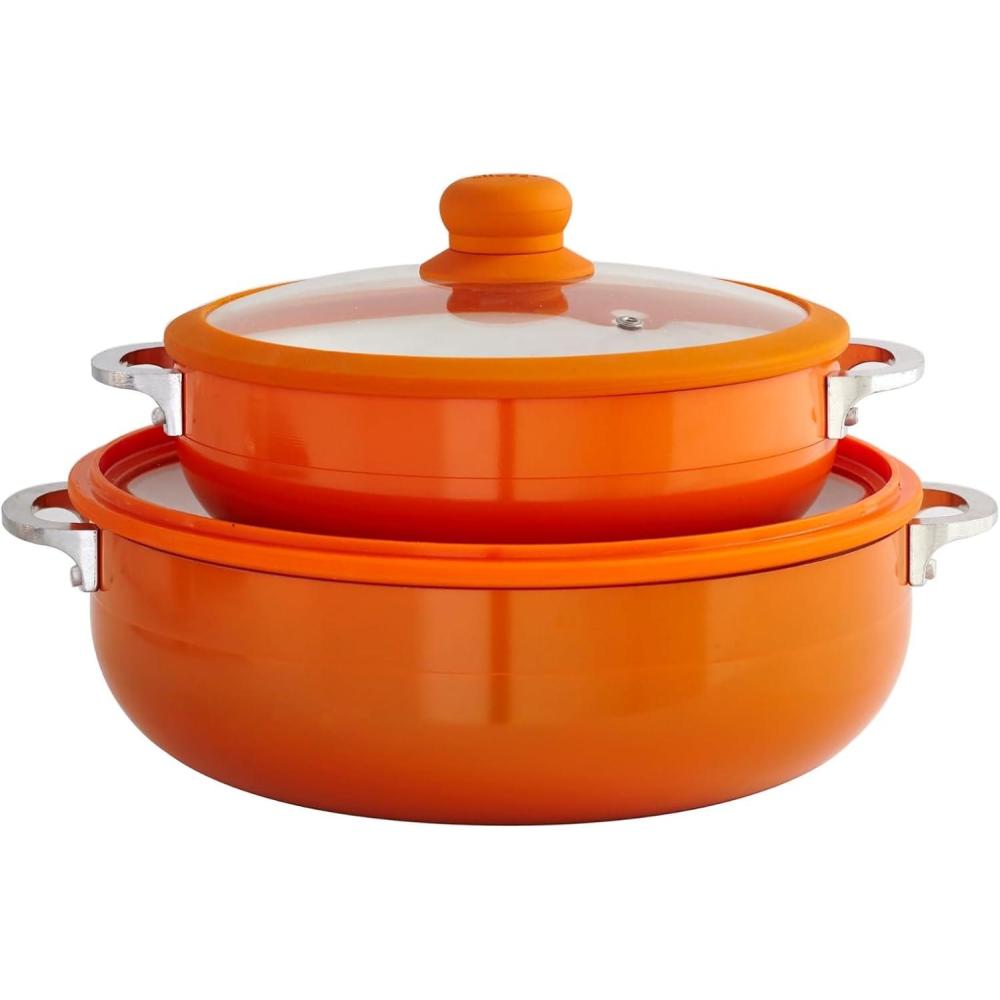 imageIMUSA 69qt Aluminum White Ceramic Caldero with Glass Lid ampamp Silicone Rim RedOrange