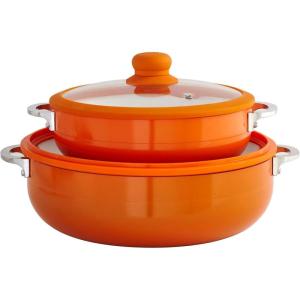 IMUSA 6.9qt Aluminum White Ceramic Caldero with Glass Lid & Silicone Rim, Red(Orange)
