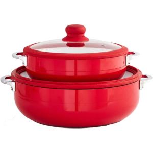 IMUSA 6.9qt Aluminum White Ceramic Caldero with Glass Lid & Silicone Rim, Red(Red)