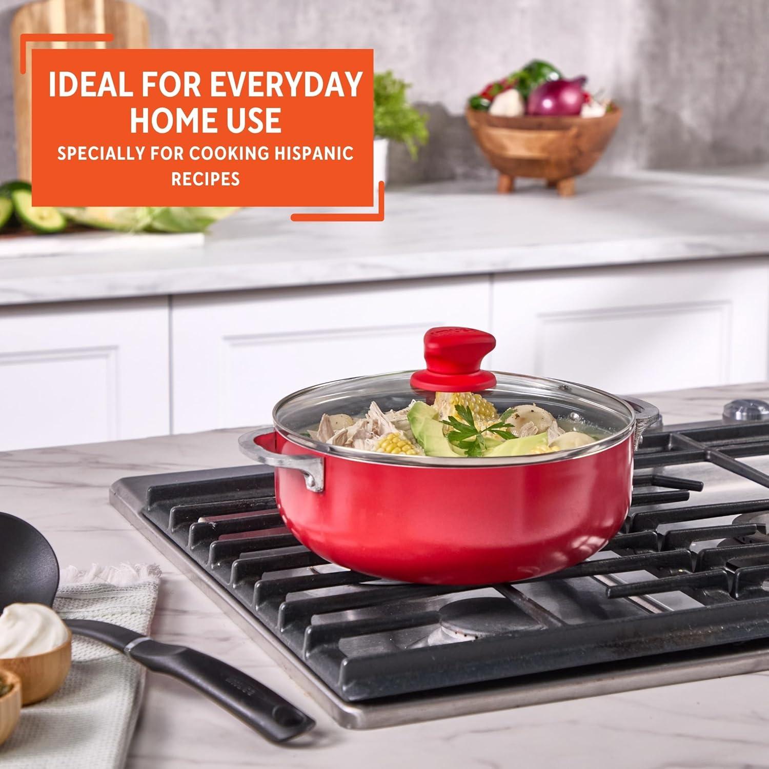 imageIMUSA 32 Qt Red Aluminum Dutch Oven with Black Ceramic Nonstick Glass Lid ampamp Riveted Handles  Oven Safe Caldero for Everyday Cooking