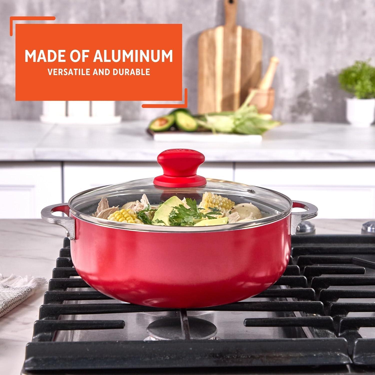imageIMUSA 32 Qt Red Aluminum Dutch Oven with Black Ceramic Nonstick Glass Lid ampamp Riveted Handles  Oven Safe Caldero for Everyday Cooking