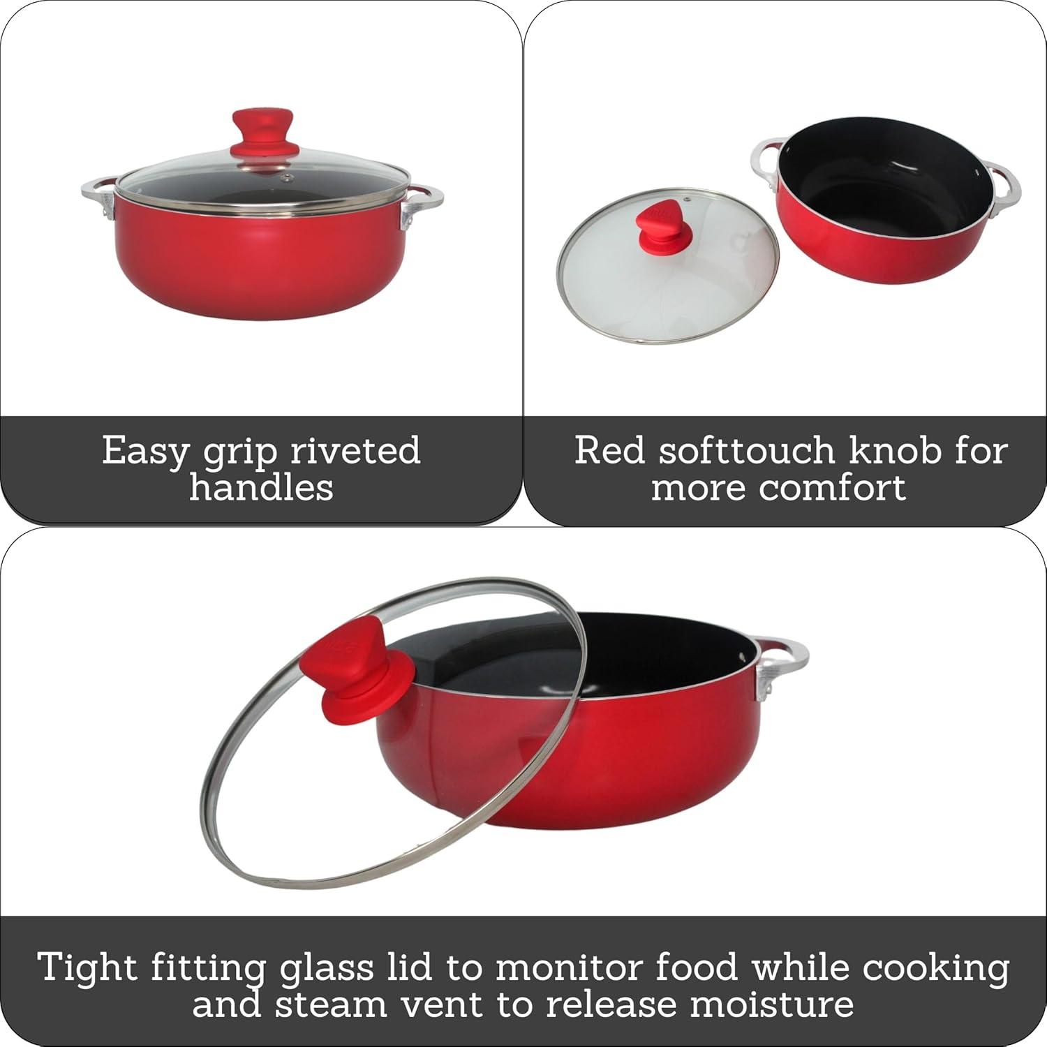 imageIMUSA 32 Qt Red Aluminum Dutch Oven with Black Ceramic Nonstick Glass Lid ampamp Riveted Handles  Oven Safe Caldero for Everyday Cooking