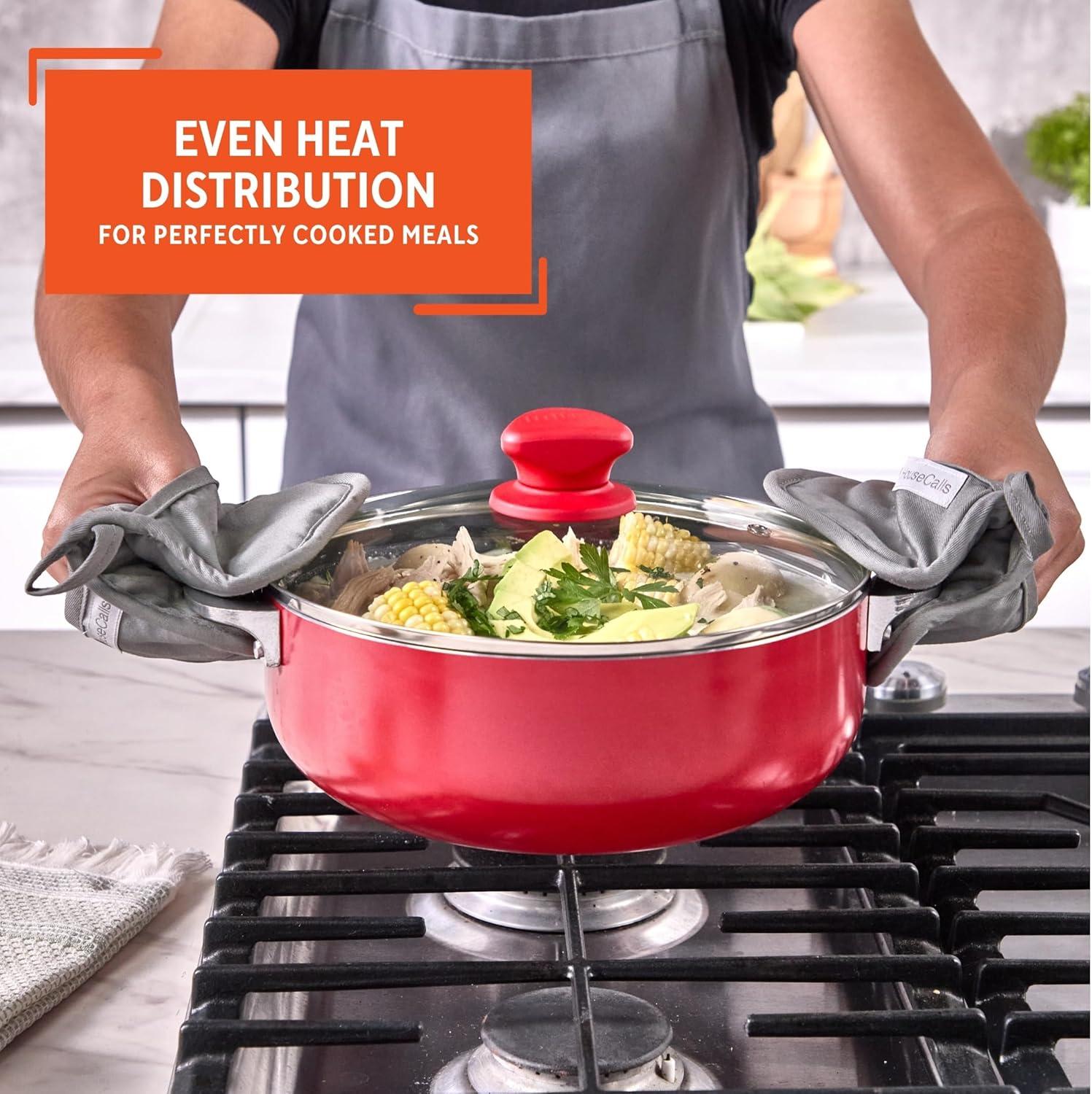 imageIMUSA 32 Qt Red Aluminum Dutch Oven with Black Ceramic Nonstick Glass Lid ampamp Riveted Handles  Oven Safe Caldero for Everyday Cooking