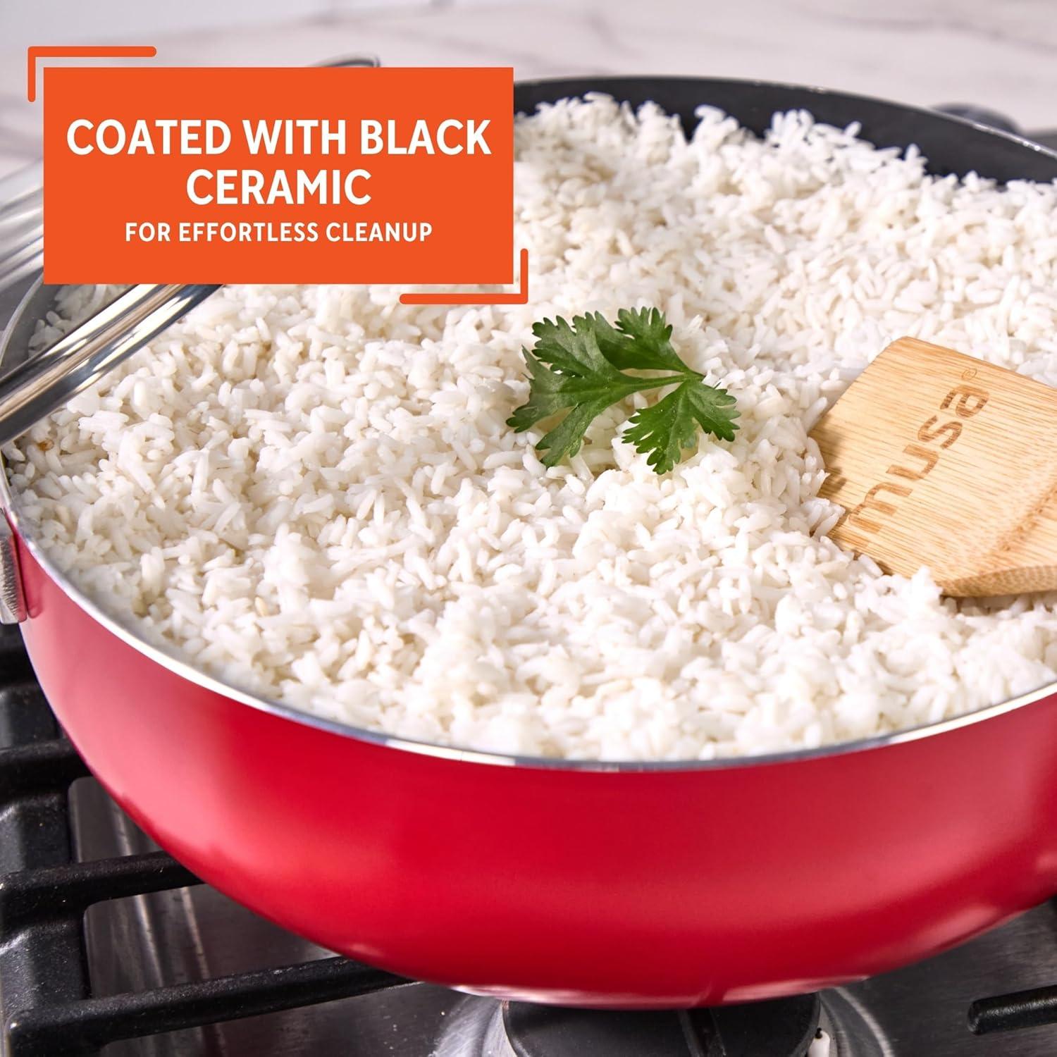 imageIMUSA 69 Qt Large Red Aluminum Dutch Oven Caldero with Black Ceramic Nonstick ampamp Glass Lid  Big Rice Stew Cooking Pot for Soups Beans Braising ampamp Traditional Hispanic Recipes