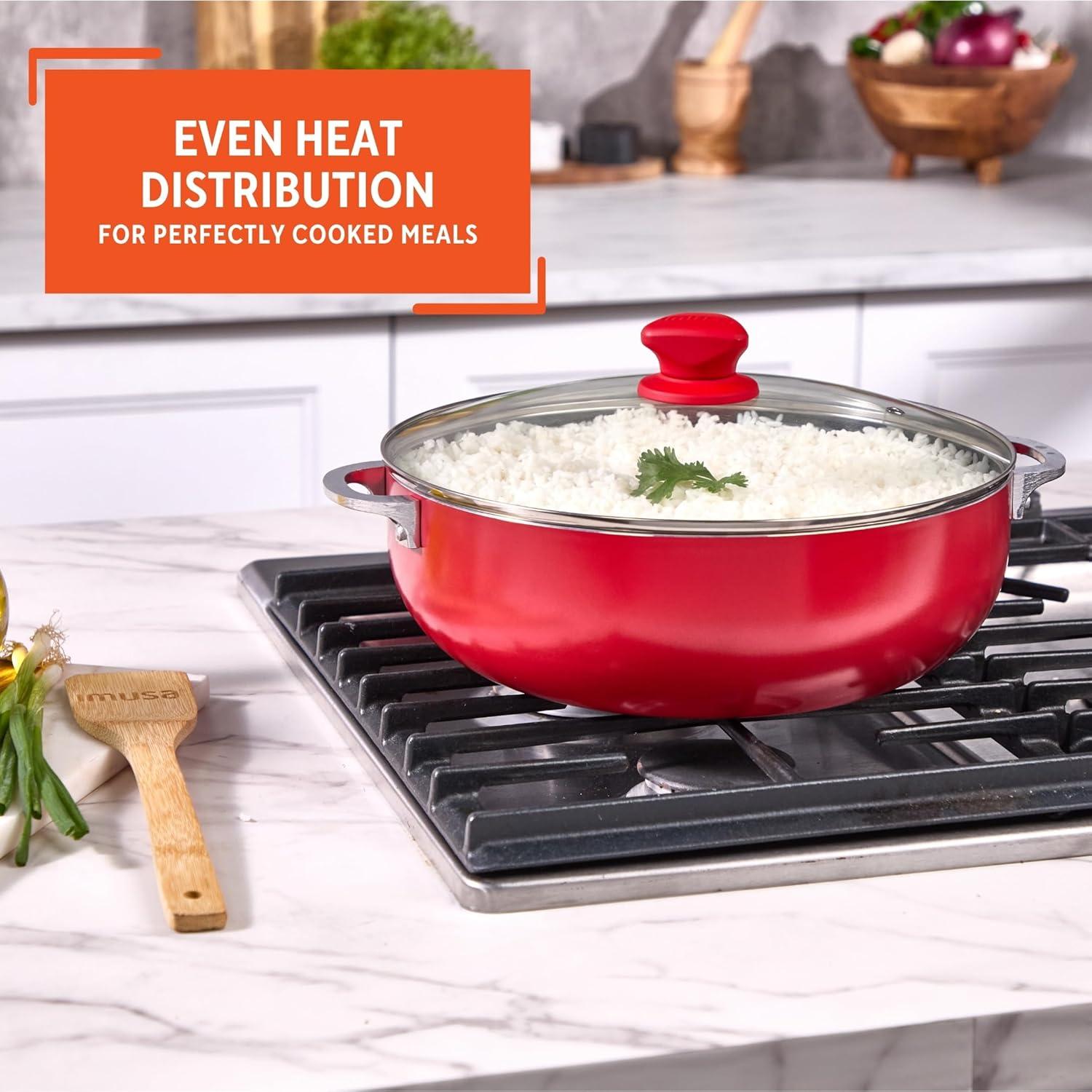imageIMUSA 69 Qt Large Red Aluminum Dutch Oven Caldero with Black Ceramic Nonstick ampamp Glass Lid  Big Rice Stew Cooking Pot for Soups Beans Braising ampamp Traditional Hispanic Recipes