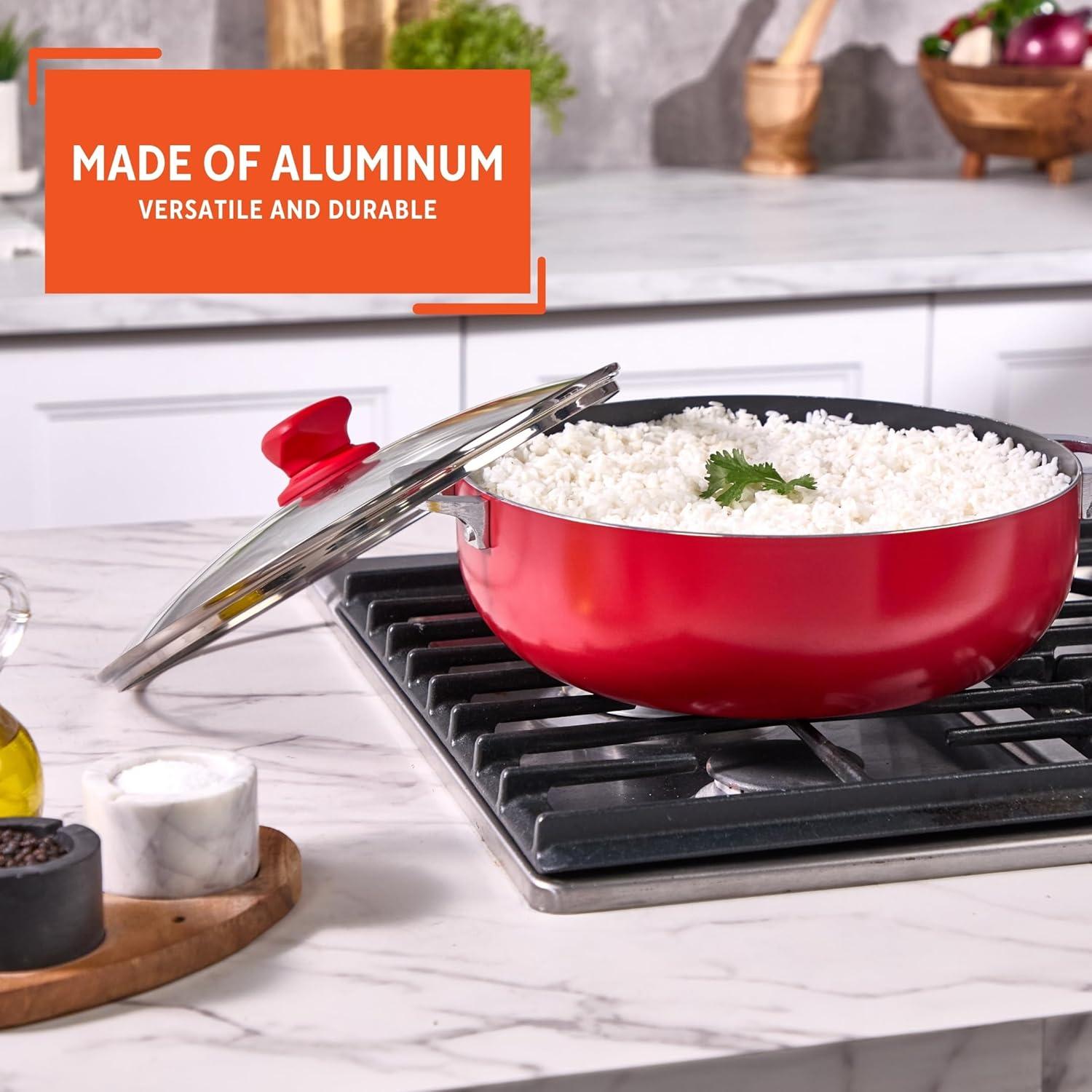 imageIMUSA 69 Qt Large Red Aluminum Dutch Oven Caldero with Black Ceramic Nonstick ampamp Glass Lid  Big Rice Stew Cooking Pot for Soups Beans Braising ampamp Traditional Hispanic Recipes