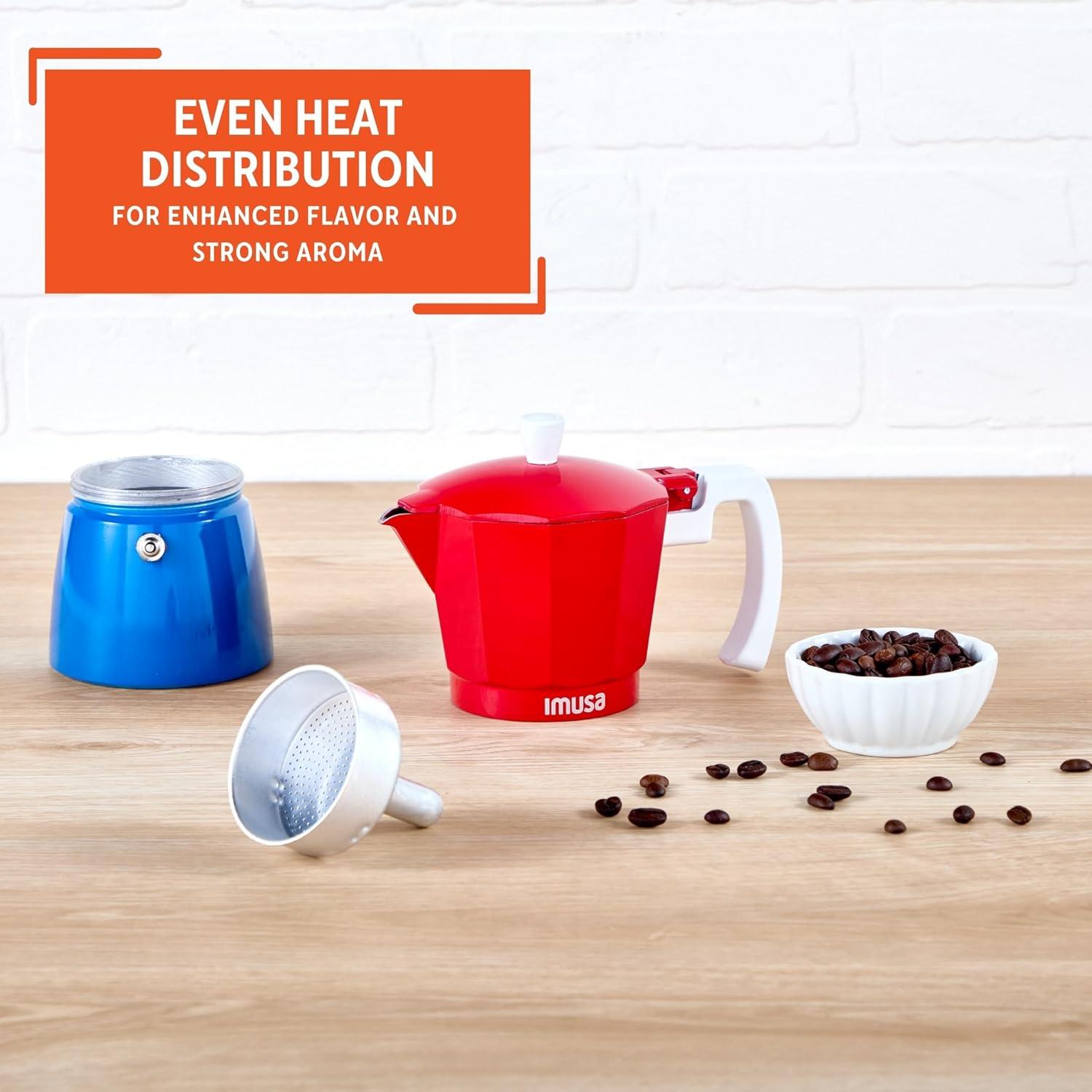 imageIMUSA Stovetop Espresso Maker 6 Cup  Cast Aluminum Moka Pot Caribbean Colors Edition Red Blue White  Cafetera Italiana Espresso Cuban Coffee MakerRed