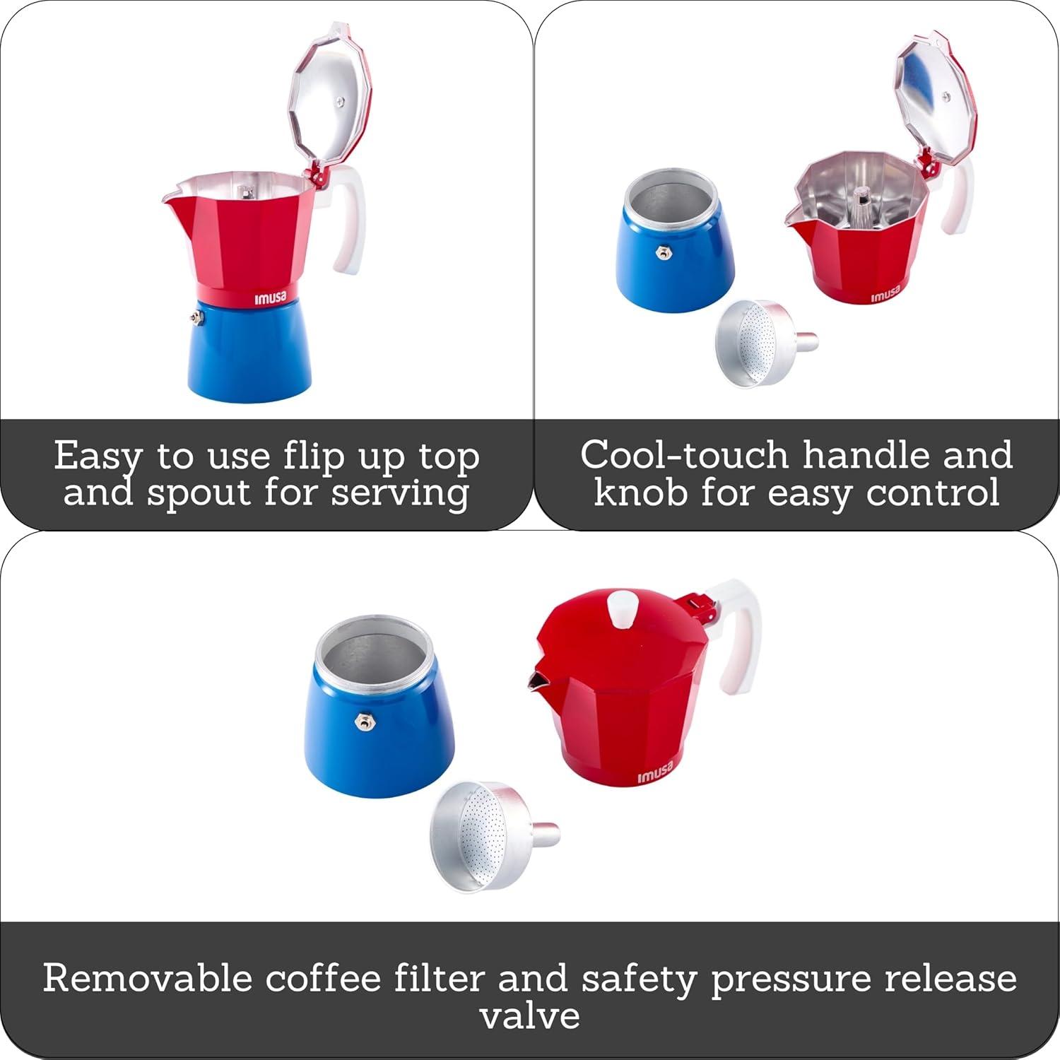 imageIMUSA Stovetop Espresso Maker 6 Cup  Cast Aluminum Moka Pot Caribbean Colors Edition Red Blue White  Cafetera Italiana Espresso Cuban Coffee MakerRed