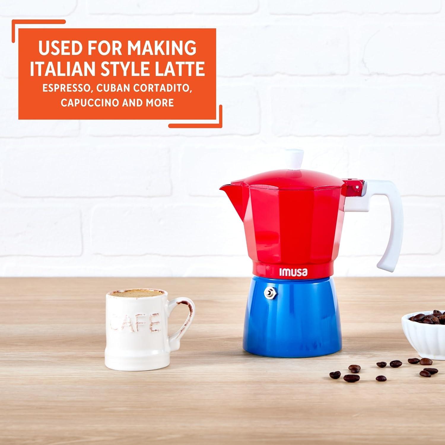 imageIMUSA Stovetop Espresso Maker 6 Cup  Cast Aluminum Moka Pot Caribbean Colors Edition Red Blue White  Cafetera Italiana Espresso Cuban Coffee MakerRed