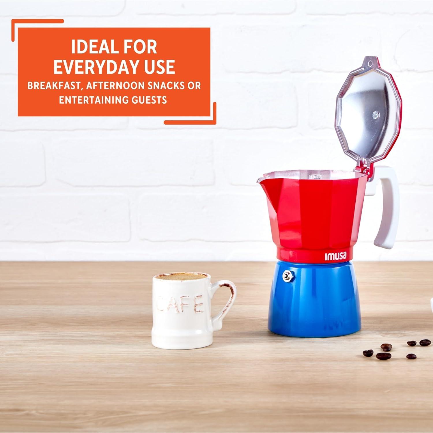 imageIMUSA Stovetop Espresso Maker 6 Cup  Cast Aluminum Moka Pot Caribbean Colors Edition Red Blue White  Cafetera Italiana Espresso Cuban Coffee MakerRed
