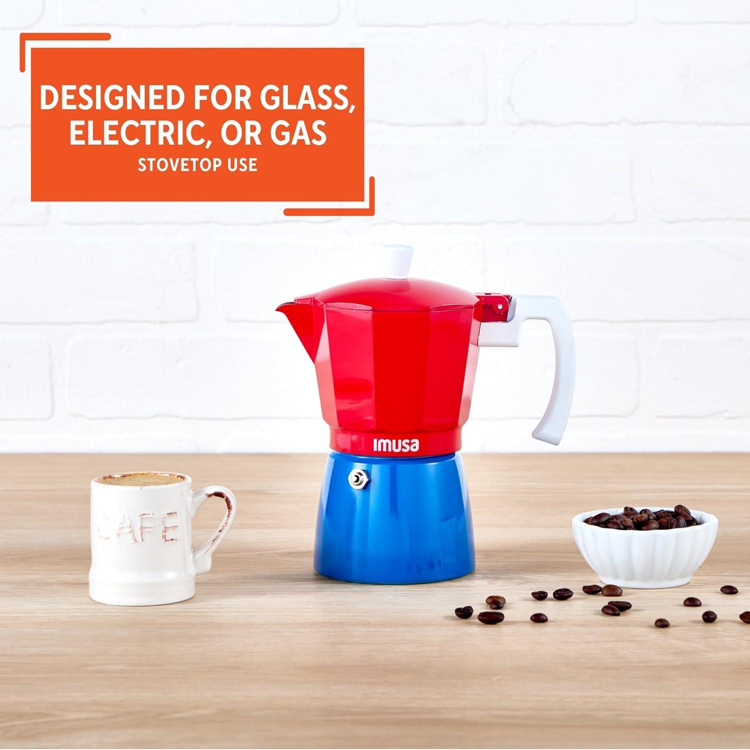 imageIMUSA Stovetop Espresso Maker 6 Cup  Cast Aluminum Moka Pot Caribbean Colors Edition Red Blue White  Cafetera Italiana Espresso Cuban Coffee MakerRed