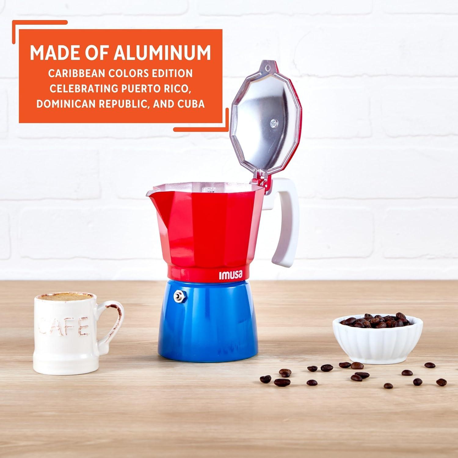 imageIMUSA Stovetop Espresso Maker 6 Cup  Cast Aluminum Moka Pot Caribbean Colors Edition Red Blue White  Cafetera Italiana Espresso Cuban Coffee MakerRed