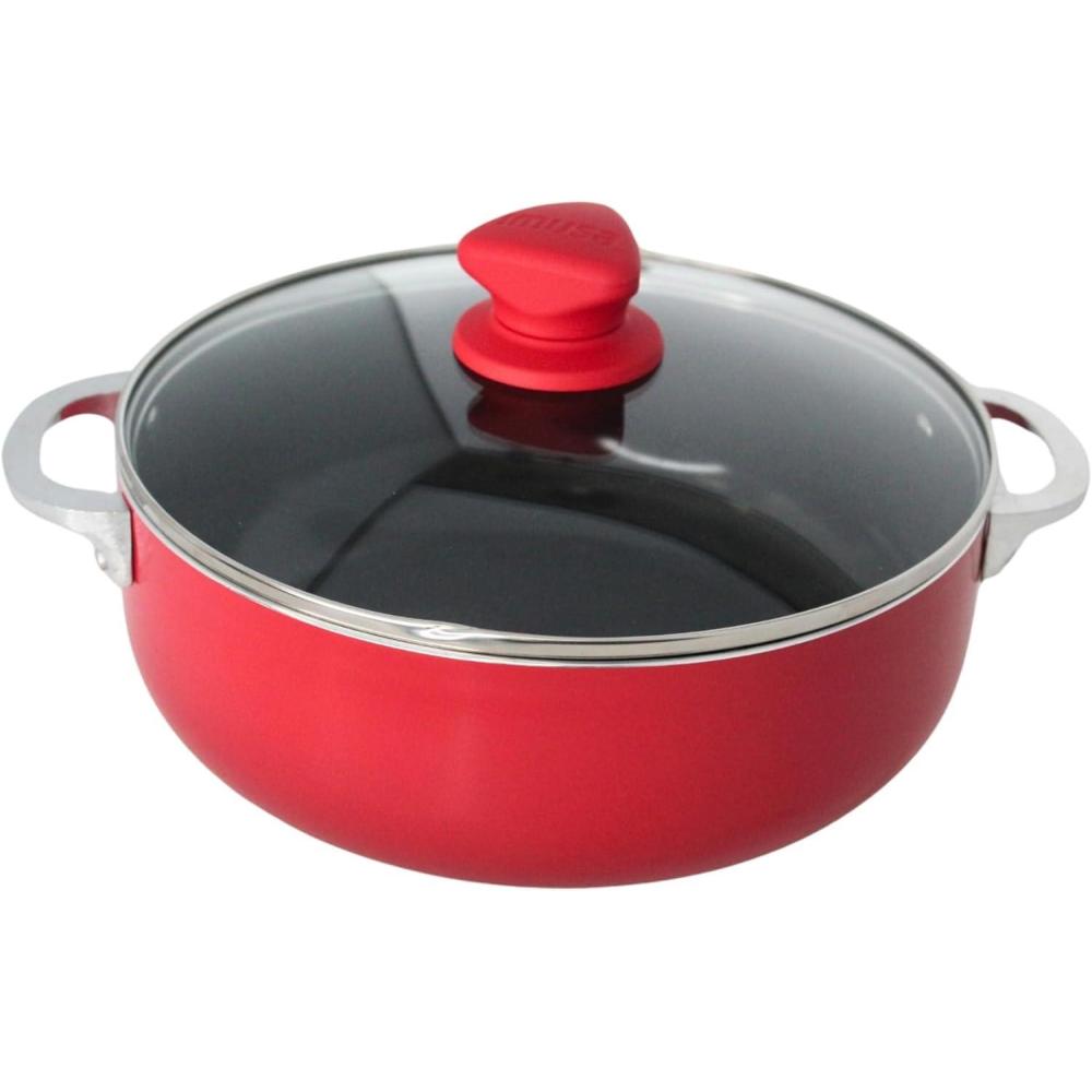 imageIMUSA 32 Qt Red Aluminum Dutch Oven with Black Ceramic Nonstick Glass Lid ampamp Riveted Handles  Oven Safe Caldero for Everyday Cooking