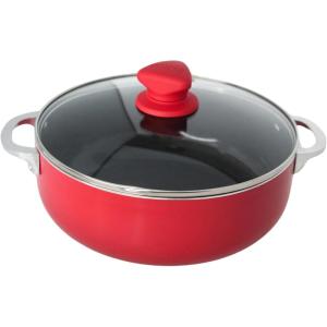 IMUSA 3.2 Qt Red Aluminum Dutch Oven with Black Ceramic Nonstick, Glass Lid & Riveted Handles – Oven Safe Caldero for Everyday Cooking